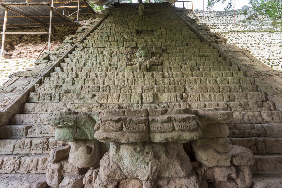 Escalera Jeroglífica asciende en la Acrópolis de Copán, tallada con más de 2 mil glifos.